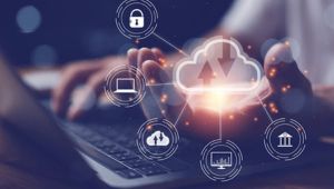 Hands interacting with cloud computing icons above a laptop, representing data transfer and cloud services